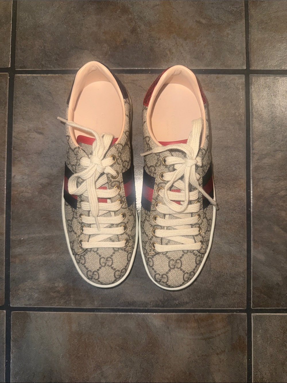 Gucci Beige Monogram Lace-Up Sneakers with Red and Navy Stripe